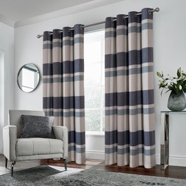 always4u 100% Blackout Plaid Curtains for Bedroom Living Room Woolen Look Black Tartan Grommet Thermal 2 Panels 54 * 95 Blue White