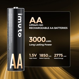 imuto Rechargeable aa Batteries, 3000mWh aa Lithium Batteries 8 Pack, 1.5V 2A Output Double a Battery, 1600+ Cycle Life