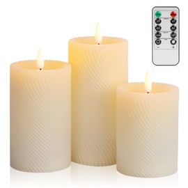 ANGELLOONG Flickering Flameless Candle with Remote, Real Wax Battery Operated Candles with Timer, Set of 3 Fake LED Electric Pillar Candles for Home Party Holiday Christmas Decor, Twill