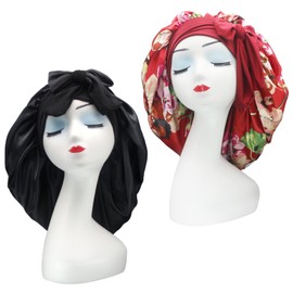 Hanbertti Paquete de 2 gorros de satén de seda para dormir con banda elástica para amarrar, capó de seda, capó de satén, capó ajustable para cabello rizado, durmiendo, mujeres y niñas (negro + flor borgoña)