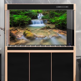 OHIOCATII Waterfall Aquarium Background Lush Green Jungle Rainforest Terrarium Background Tranquil Stream with Rocks Fish Tank Background Forest Falls Aquarium Backdrop Wallpaper Poster Vinyl 48x24in