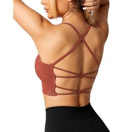 ZAAYO Women's Gym Bra Padded Crossback Fitness Sports Bra Removable Chest Pad Yoga Tops Knitted Seamless Sportswear, rust red