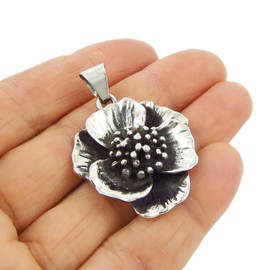 The Mexican Collection Hallmarked Poppy Flower Large 925 Sterling Silver Pendant Handmade Jewellery
