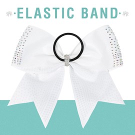 DEEKA 1 PCS 8" Large Glitter Cheer Bows with Iridescent Rhinestones Colorful Stiff Hair Elastic Band Ponytail Holder for Cheerleader Girls Sports (White)