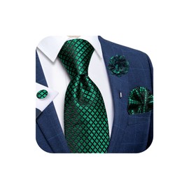 DiBanGu Mens Emerald Green Plaid Tie and Lapel Pin for Men Silk Woven Necktie with Brooch Pocket Square Cufflinks Set