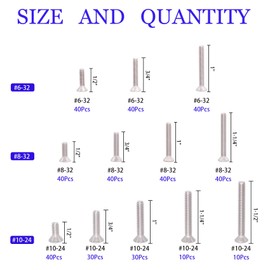 Machine Screw Assortment Kit #6-32/ #8-32/ #10-24 Phillips Flat Head Countersunk Machine Screws Bolts, 304 Stainless Steel, Fully Machine Thread - 400Pcs
