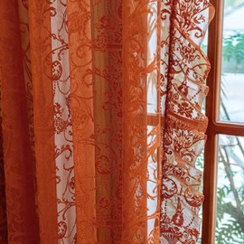 TUDECO Burnt Orange Lace Curtains for Living Room 2 Panels - Vibrant Floral Branch Ruffle Sheer Terracotta Curtains, Boho Rod Pocket Bright Privacy Autumn Window Treatments, 59W x 84L, Terracotta