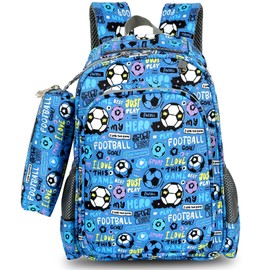 LOVEVO School Bags for Boys & Girls, Lightweight, Durable & Water Resistant Travel or Sports Backpack for Kids, 35x20x15cm (Football Sky Blue)