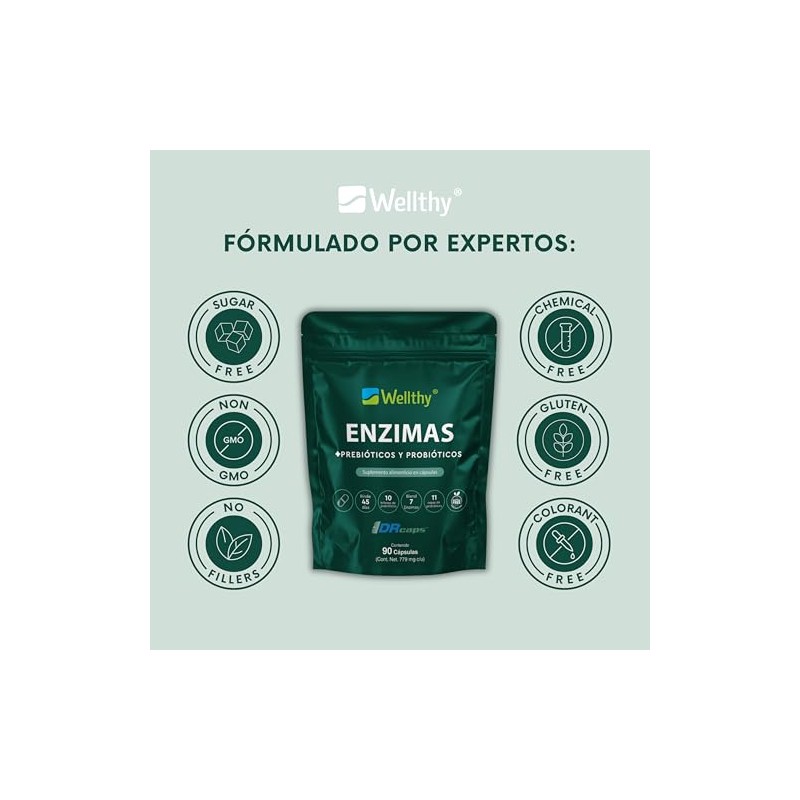 Wellthy Enzimas Digestivas 90 Cápsulas. Reforzado con Prebioticos y Probioticos.