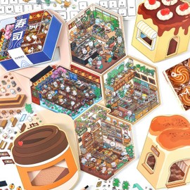 DIY 3D House Sticker,4 Set Fun DIY Stickers Scene Make Your Own Sushi Restaurant, Dessert Shop, Bakery, Cafe Stress Cute 3D Cartoon Scene Stickers for Adult Kids Relief Stress Pass The Time