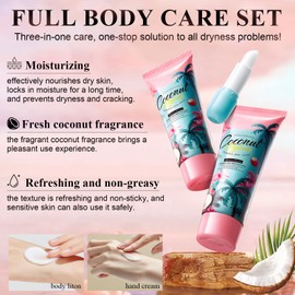 Geschenke Set Frauen, Coconut Oil Pflegeset Damen, Körperpflegesets, Enthält Coconut Body Lotion, Hand Cream, Lip Balm, Frische Kokosnuss-Duft, Tiefenpflegende, 3-in-1-Wirksamkeitspflege