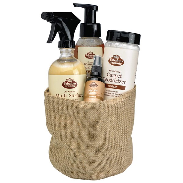 Fabulous Frannie All Natural Protect Scent House Gift Basket includes 16oz Multi-Surface Cleaner, 16oz Carpet Care, 8oz Foam Soap, and Protect Room Mist.