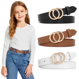 SUOSDEY 3 Pack Kids Leather Belts for Girls Solid Colors Skinny Belt for Teen Girls with Double O-Ring Buckles