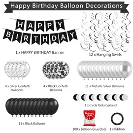 CANREVEL Black and Silver Happy Birthday Decorations, Happy Birthday Banner, Hanging Swirls, Circle Dots Garland, Party Balloons, Silver and Black Birthday Party Supplies Decorations for Women Men