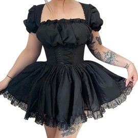 Women's Gothic Lolita Mini Dresses Vintage Punk Puff Sleeve A Line Swing Short Goth Dress Black