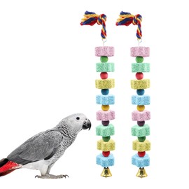 2 Pack Bird Chewing Toy, Colorful Parrot Beak Grinding Calcium Stone with Bells, Cage Accessories for Cockatiels Parakeets Parrots Budgies Lovebirds Rat Hamster Chinchilla Rabbit Bunny African Grey