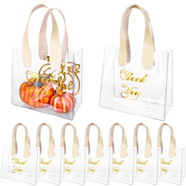 Whaline 12Pcs Thanksgiving Clear PVC Gift Bags with Handles 7.9 x 7.1 x 3.9 Inch Fall Gold Thank You Transparent Gift Tote Bags for Autumn Harvest Wedding Birthday Baby Shower Party Favor Supplies