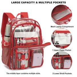 Kouxunt Clear Backpack Heavy Duty Transparent Backpacks Stadium Approved for School Work Sport Travel (Red)