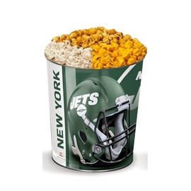 Colby Ridge 3 Way Football Popcorn Tin - White, Caramel, and Cheese Gourmet Craft Popped Gluten Free (3 Gallon - Jets)
