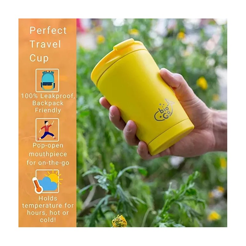 bioGo Stainless Steel BPA-Free Reusable Coffee Cup 350ml - Sunshine