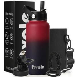 Livole Stainless Steel Water Bottle for Women, Men, 32oz 950ml Insulated Water Bottles for Sports, Gym, Travel, Vacuum Metal Water Bottle with Straw and 2 Lids, Bottle Carrier, Ruby & Wineberry