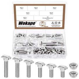 Wokape 60 Sets M8 T-Slot Drop-in Stud Sliding Bolts Kit,16/20/25/30/35/40MM Nickel Plated Carbon Steel Hammer Head T-Bolt W Flange Nuts for 40 Series European Standard Aluminum Profile
