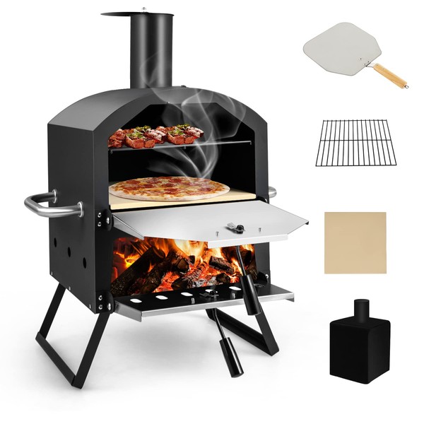 TANGZON Outdoor Pizza Oven, 2-Layer Pizza Wood Fired Maker with Pizza Stone, Pizza Peel, Grill, Waterproof Cover & Foldable Legs, Chargrill BBQ Cooker for Meat, Fish and Veg