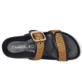 Naot Women's Nashville Flat Sandal, Soft Black Leather/Golden Brown Raffia, 7