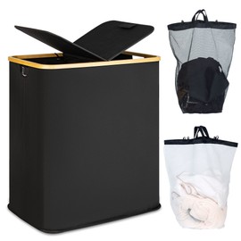efluky Laundry Hamper with Lid, Double Laundry Hamper with 2 Removable Bags, 2 Section Laundry Hamper with Bamboo Handles for Bedroom, Bathroom & Laundry Room, 140L (36.9 Gallon) Black