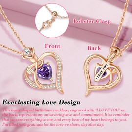 TUNGSTORY Rose Heart Birthstone Necklace for Women Rose Gold Sterling Silver Amethyst Necklace