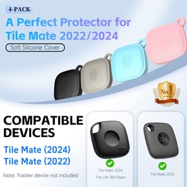 (4-Pack) Silicome Case for Tile Mate 2024, Waterproof Tile Mate Holder Full Body Protective Cover Compatible with Life360 Mate Tile Tracker with Keychain (Black/Off White/Pink/Sky Blue)