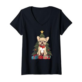 Christmas Tree, ornaments and Cute Frenchie Santa Christmas V-Neck T-Shirt