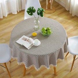 meioro Round Tablecloth Stripe Tassel Table Cloth Cotton Linen Dust-Proof Table Cover for Dining Circle Coffee Side End Card Table, Parties Tablecloths (Coffee Brown, 39 Inch)