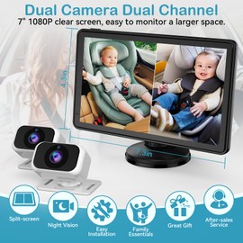 pemacom Baby Car Camera for 2-Kids: 7 Inch IPS Display with Dual Carseat Cameras, Split Screen, Night Vision, HD 1080P - USB Powered Easy Install Rear Facing Backseat Camera for Twins