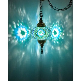 DEMMEX Plug-in Turkish Moroccan Mosaic Hanging Pendant Ceiling Light – Swag Lamp Fixture with 15ft Cord & Chain, Handcrafted Glass, Tiffany Style, Mediterranean Decor (Turquoise)