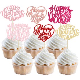 Gyufise 24Pcs Happy Mother's Day Cupcake Toppers Glitter Heart Love Mother Birthday Cupcake Picks Decorations for Best Mom Eve Happy Mother's Day Birthday Party Supplies Multi