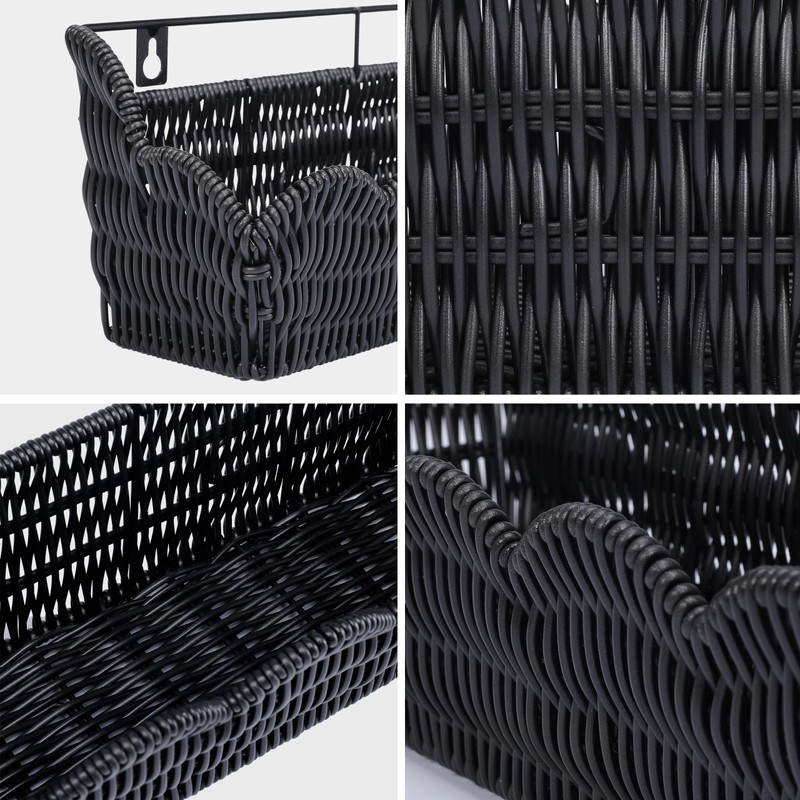 2 Pack Adhesive Plastic Wicker Hanging Storage Basket Scalloped Edge,Black