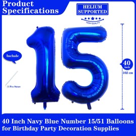 Navy Blue 15 Number Balloons, 40 Inch Giant Number 15 Balloons Foil Mylar Helium Dark Blue Number Balloons for 15th Birthday Party Supplies Anniversary Event Celebration Decorations