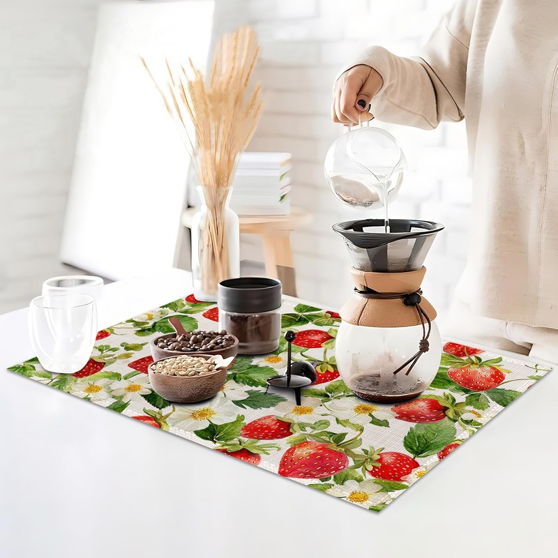 6 Pcs Placemats,Red Strawberry Placemats,Leaves Flower Table Mats Washable Recyclable