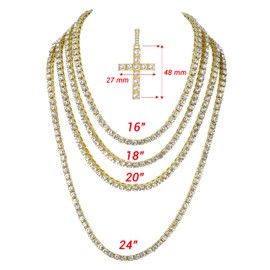 Iced Out Cross Pendant on Tennis Chain for Men or Women - Bling'ed Out Hip Hop Jewelry on Blast! - Gold or Silver and Size Your Choice - TN001 (24", Cross Gold)