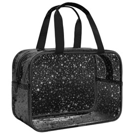 Junesters Clear Black Star Large Makeup Bag with Star Pattern 12x5x8 inch, Travel Cosmetic Bag with Handle, Durable PVC Material Washbag Zipper Opening Design for Makeup Travel Organizer or Gym Use