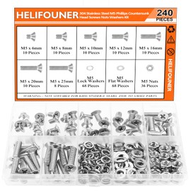 HELIFOUNER 240 Pieces M5 x 6mm /8mm /10mm /12mm /16mm /20mm /25mm, Phillips Countersunk Head Machine Screws, Metric Screws Bolts Washers Nuts Kit, 304 Stainless Steel