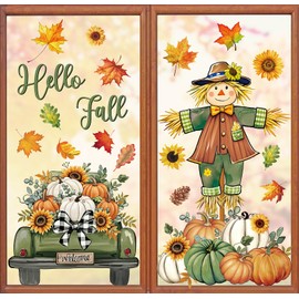Whaline 6 Sheets Fall Window Clings Green-Orange Scarecrow Maple Leaves Pumpkin Truck Reusable Window Decals for Autumn Harvest Thanksgiving Home Office School Decor