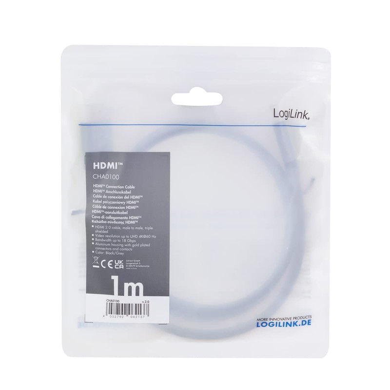LogiLink CHA0100 HDMI Connection Cable 4K/60 Hz, Aluminium, Black/Grey, 1