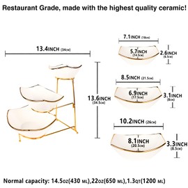 jinsongdafa 3-Tier Serving Rack Ceramic Bowls, Foldable Gold Stand with 7.1"/8.5"/10.2" Gold Rim Bowls, for Food Display, Fruit, Dessert, Decoration for Parties Entertaining 3-Tier Rack