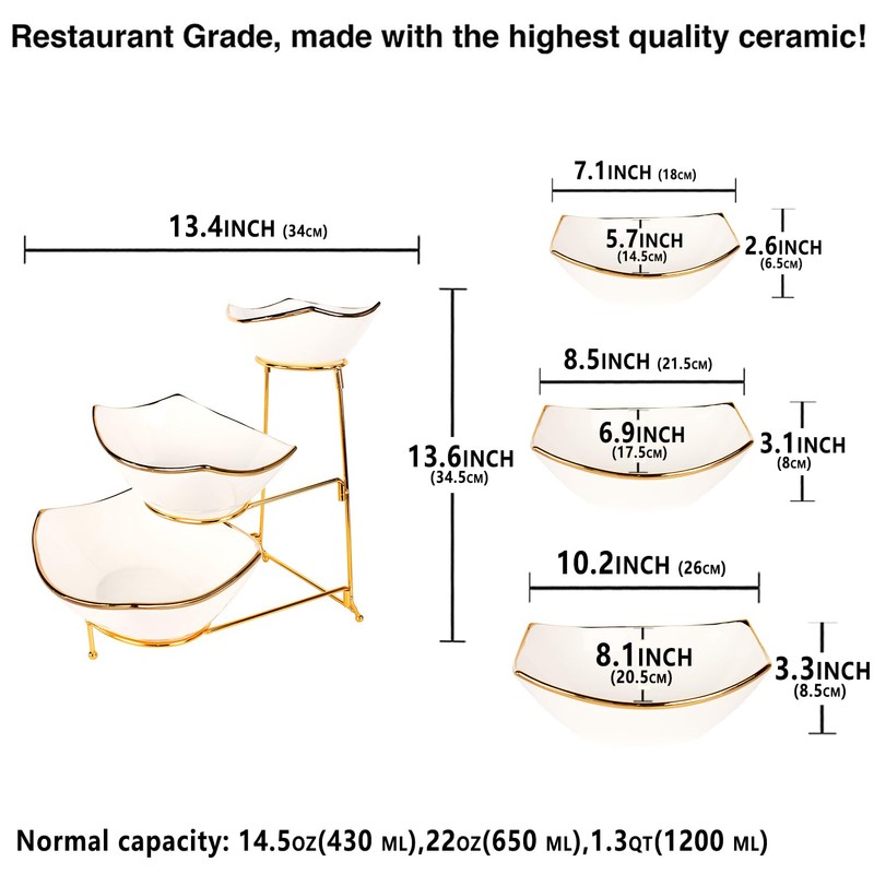 jinsongdafa 3-Tier Serving Rack Ceramic Bowls, Foldable Gold Stand with