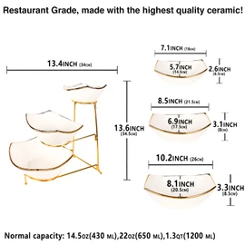 jinsongdafa 3-Tier Serving Rack Ceramic Bowls, Foldable Gold Stand with 7.1"/8.5"/10.2" Gold Rim Bowls, for Food Display, Fruit, Dessert, Decoration for Parties Entertaining 3-Tier Rack