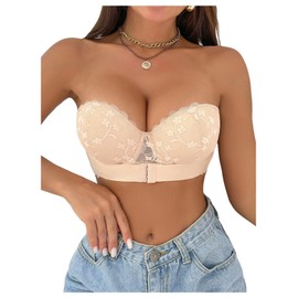 GORGLITTER Women's Push Up Front Fastening Bras Strapless Underwire Scalloped Everyday Bra Beige 34C