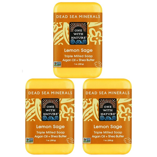 One With Nature Dead Sea Minerals Lemon Sage Soap 3 Pack with Argan Oil, Shea Butter