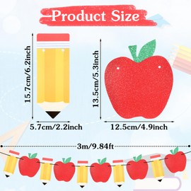 2Pcs 9.8ft Pencil Apple Back to School Banner for Back to School Decorations, First Day of Schools Classroom Decorations Party Supplies, Red and Yellow Glitter Classroom Banner for Welcome Students